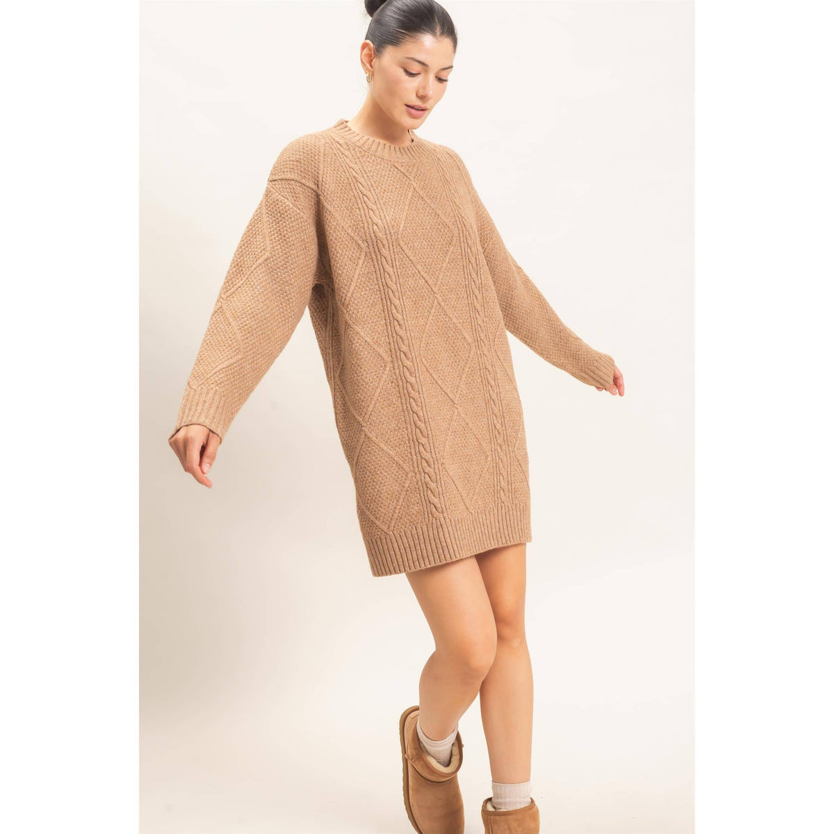 Cable Knit Dress  - Camel