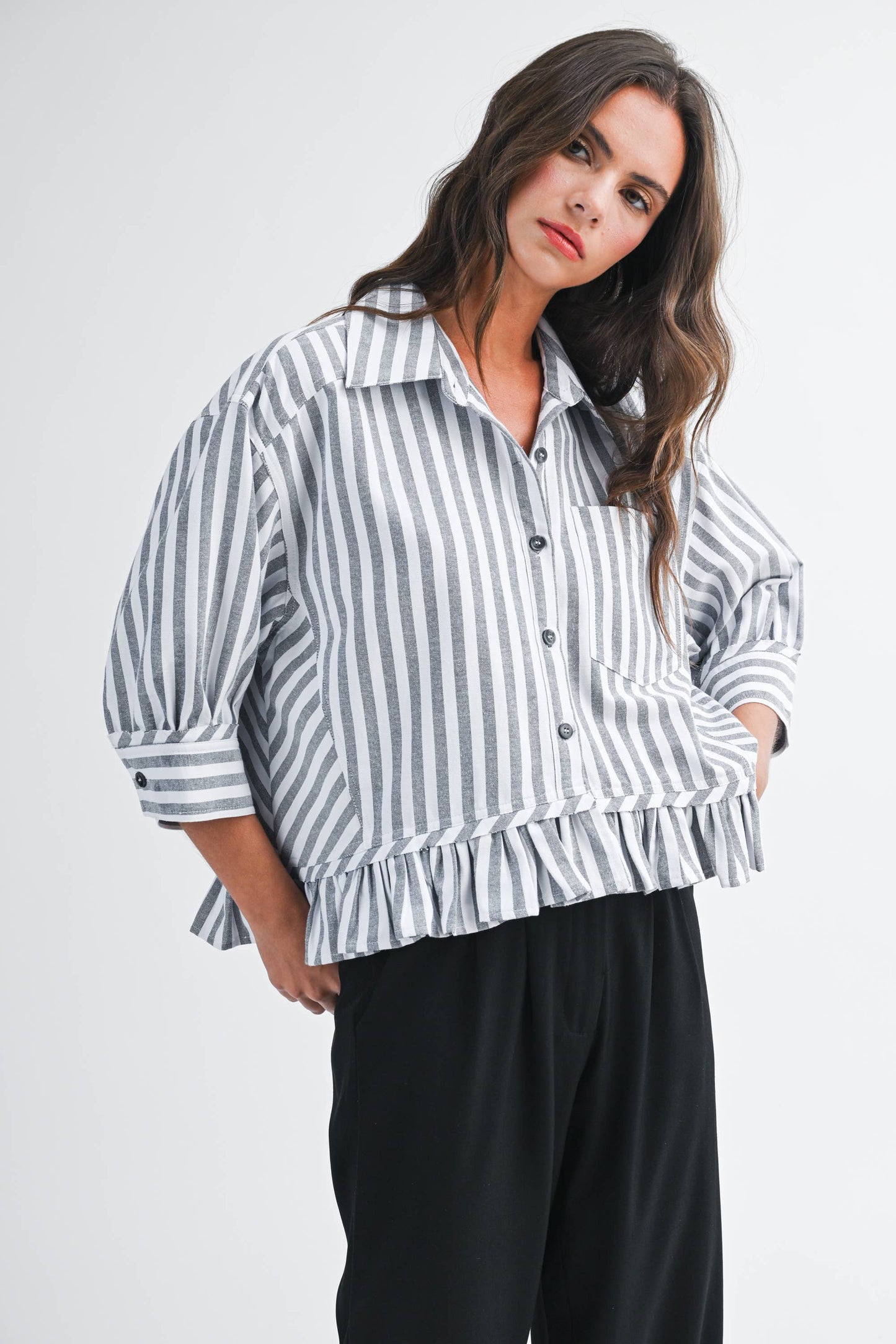 Striped Ruffle Hem Button Down