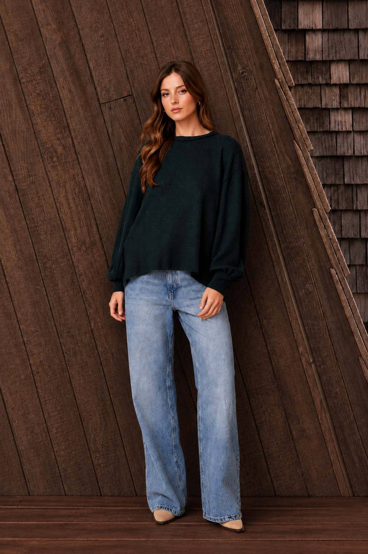 Knit Top w/ lantern sleeve - Green