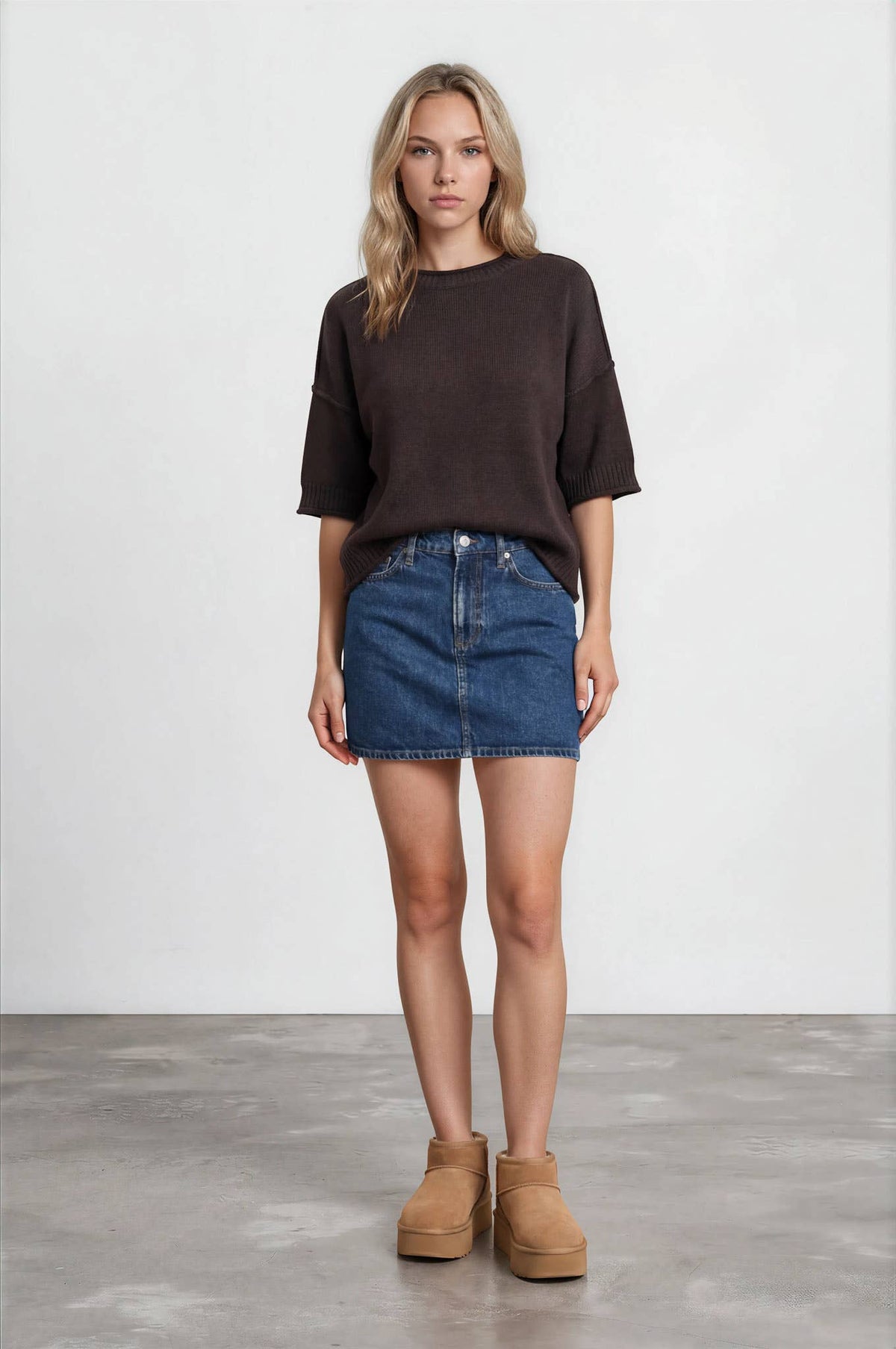 Short Sleeve Sweater w/drop sleeve - Brown
