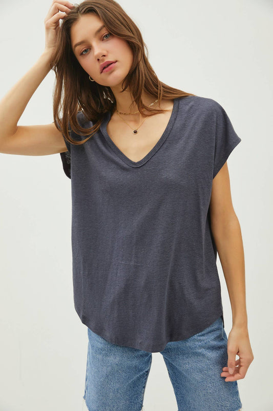 Raw Edge Detailed V-Neck Tee - Charcoal