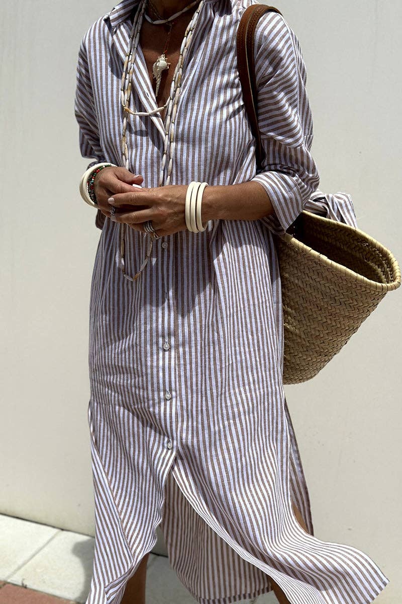 Striped Tie-Waist Shirt Dress - Brown
