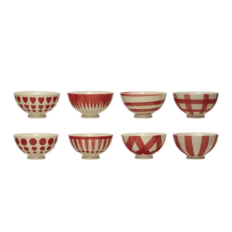 4-1/2" Round x 2-1/4"H Hand-Painted Stoneware Latte Bowl, White and Red, 7 Styles