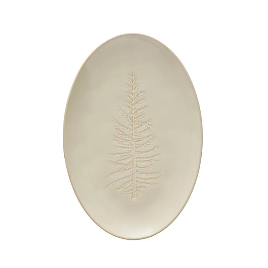 Oval Debossed Stoneware Platter w/ Tree Design