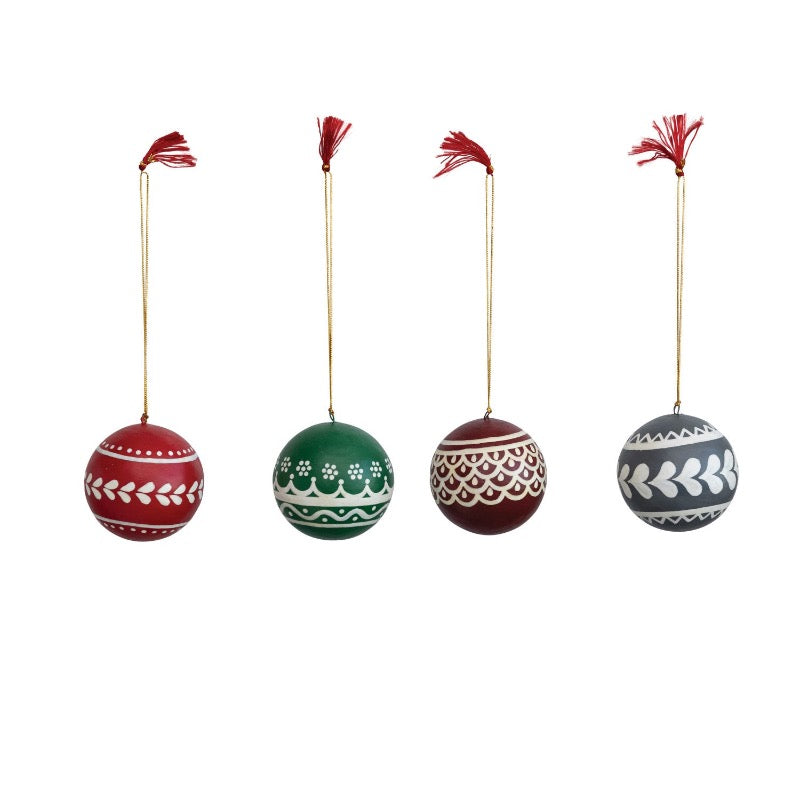 3" Round Hand-Painted Paper Mache Ball Ornament, Multi Color, 4 Styles