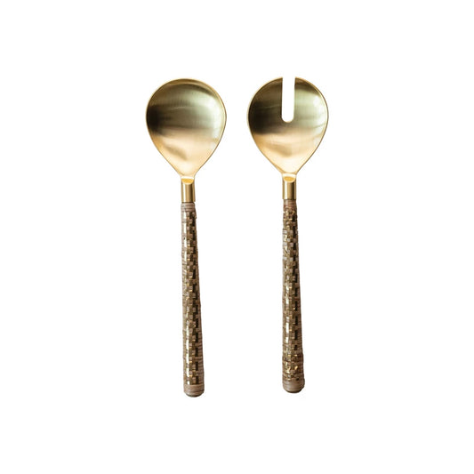 Stainless Steel Salad Servers w/ Brass & Rattan Wrapped Mango Wood Handles