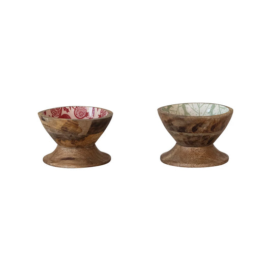 Enameled Mango Wood Footed Bowl w/ Pomegranate/Tree Pattern, 2 Styles