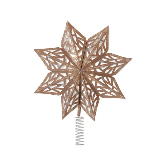 Recycled Paper Star Tree Topper w/ Snowflake Pattern, Brown & Gold Color