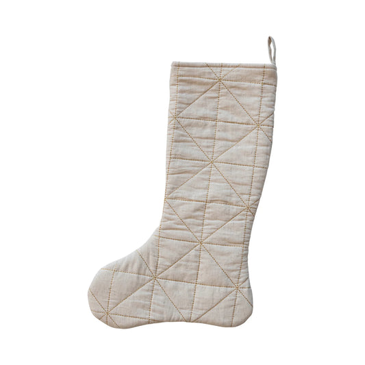 Quilted Cotton & Linen Stocking w/ Metallic Gold Thread Embroidery, Natural