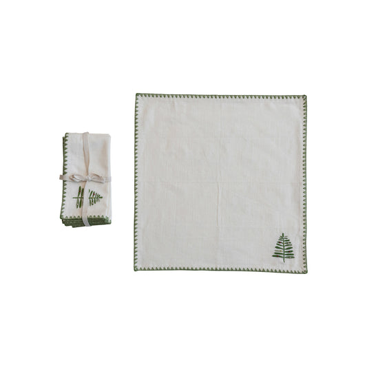 Square Cotton Napkins w/ Embroidered Tree &amp; Edge, Natural &amp; Green, Set of 4