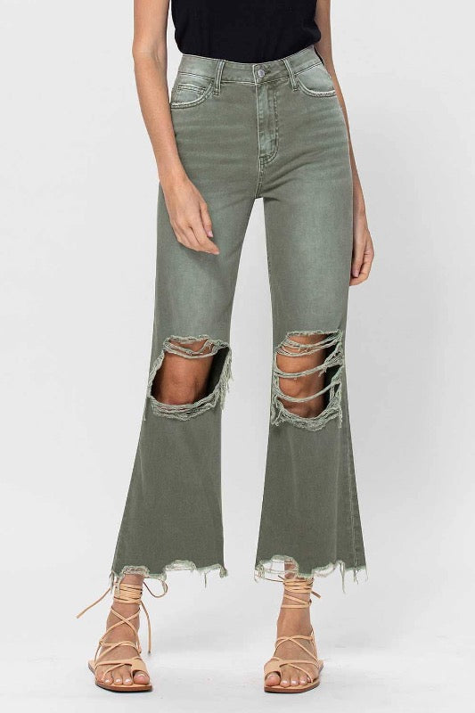 90's  Vintage High Rise Crop Flare Jean - Army Green