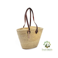 Straw Tote Bag with Long Flat Leather Handle