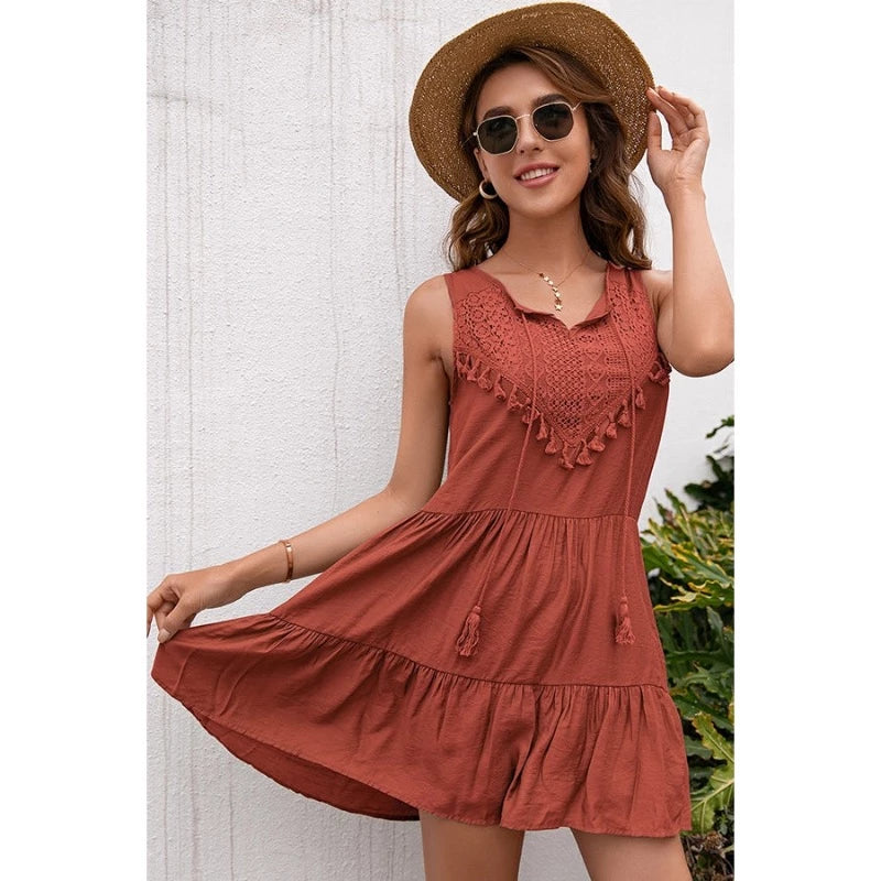 Crochet Lace Sleeveless Dress - Rust