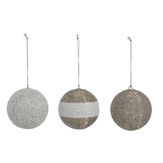 Round Plastic Ball Ornament with Glass Beads, Silver and White, 3 Styles