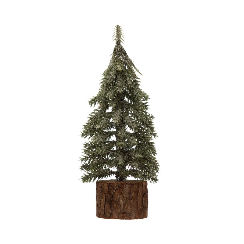 Faux Fir Tree with Wood Slice Base, Snow Finish