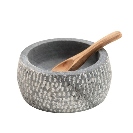 Granite Bowl with Carved Wood Spoon, Set of 2
