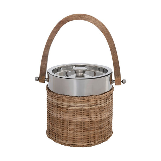 1-1/2 Quart Stainless Steel and Woven Rattan Ice Bucket with Mango Wood Handle