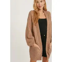 Chunky Cable Lantern Sleeve Cardigan- Mushroom