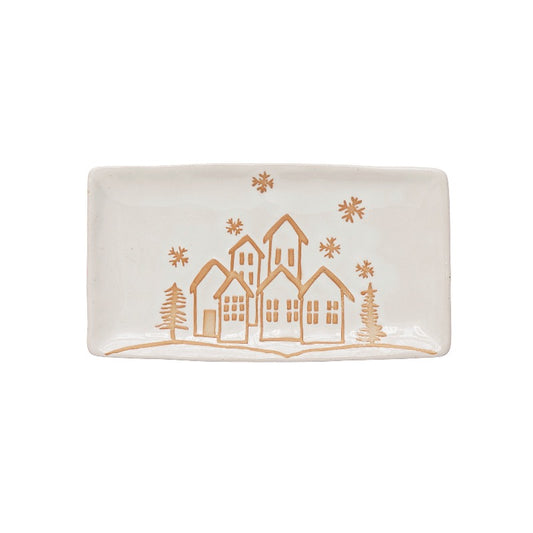 Stoneware Platter with Wax Relief Winter Town Image, Reactive Glaze